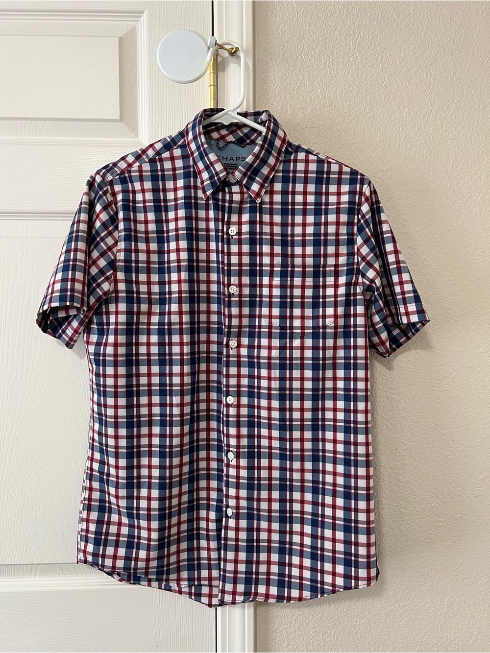 Chaps Performance Plaid Button Down Shirt Mens Small Red Blue Short Sleeve